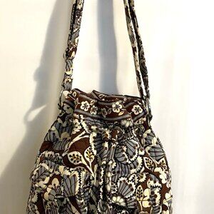 Vera Bradley Medium Quilted Bucket Drawstring Shoulder Bag Slate Bloom Pattern